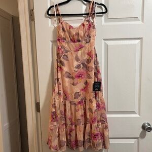 Lulus Tea Party Chic Pink Floral Tiered Midi Dress